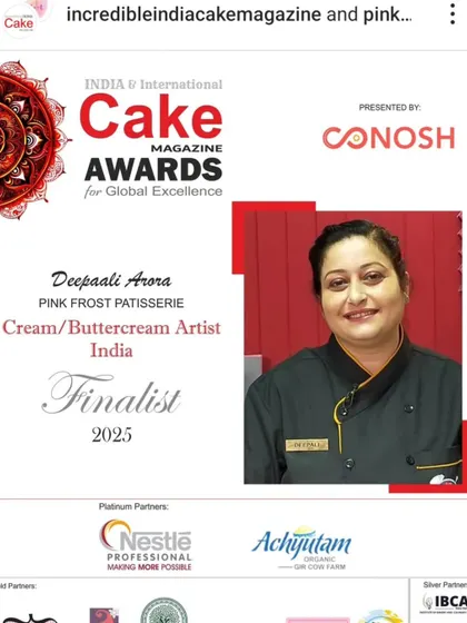 I was thrilled to be named a finalist for the Cream/Buttercream Artist of the Year by the prestigious India & International Cake Magazine. This recognition fuels my passion for creating unique whipped cream masterpieces.