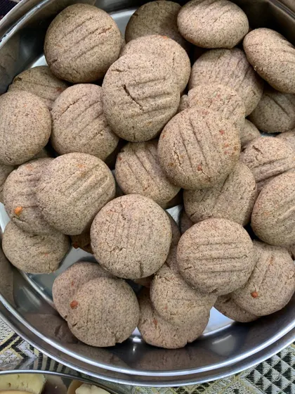 A close-up of my healthy and delicious Ragi Cookies. These are made with no maida, making them a guilt-free indulgence.