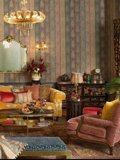 A duplicate of the stunning, maximalist living room, a hallmark of the Sabyasachi for Nilaya collection.