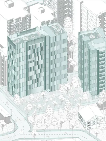 This isometric illustration shows the Oak Business Center, a project that seamlessly blends sleek office amenities with upscale residential living. The rich olive color and checkerboard facade pattern honor the diverse essence of its surroundings.