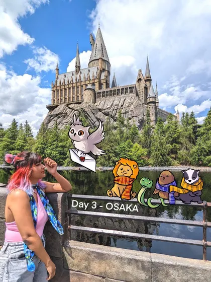 Visiting the Wizarding World of Harry Potter in Osaka was a dream. I added some cute illustrated magical creatures to this photo in front of Hogwarts castle.