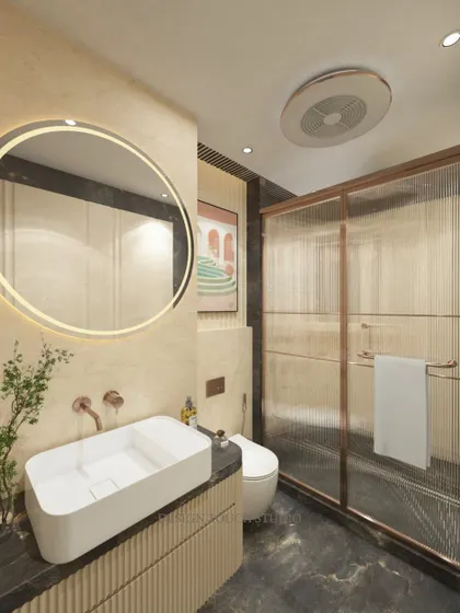 This render showcases the fluted vanity and the modern, rectangular vessel sink, complemented by a large, circular backlit mirror.