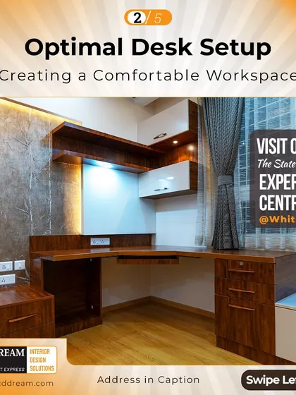 Tip for an ergonomic workspace: Ensure your desk setup is optimal. This means having your monitor at eye level and enough surface area to work comfortably, as seen in this custom corner desk design.