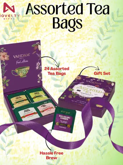 Gift the warmth of wellness with this Vahdam assorted tea bag set. It contains 24 tea bags in a beautifully designed gift box, offering a hassle-free brew.