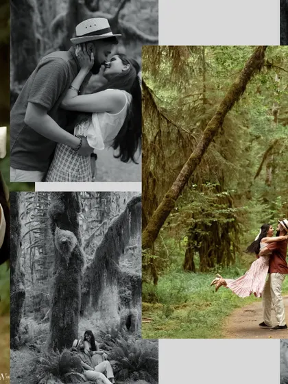 This collage mixes color and black and white to show the different textures and emotions of a forest elopement, from playful lifts to quiet, intimate gazes.
