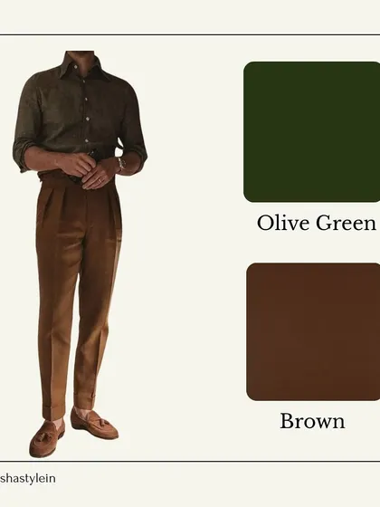 Olive green and brown is a timeless and masculine color combination. An olive green shirt with brown trousers creates a grounded, confident look that works well in both business casual and smart casual settings.