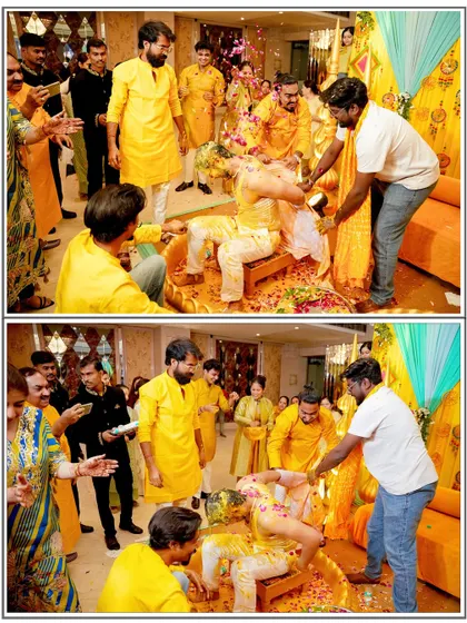 The groom's Haldi ceremony, with friends and family enthusiastically participating in the ritual.