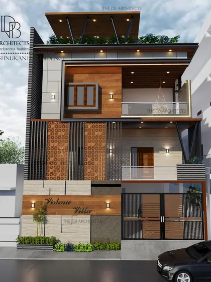 Another variation of the "Vishnu Villa" facade, showing a different pattern for the jali screen and compound wall details.