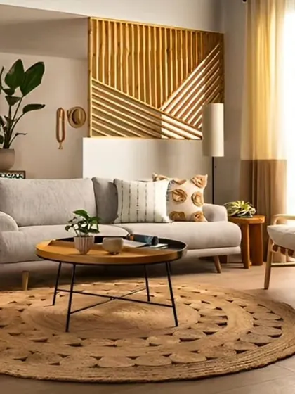 This living room showcases a relaxed, bohemian-inspired style. We used natural materials like wood and jute, a comfortable sofa, and a striking patterned cabinet to create a warm, inviting, and effortlessly stylish space.