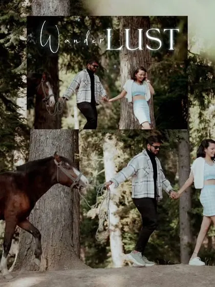 A stunning shot of Rahul and Priyanka walking through a sun-dappled forest in Kashmir, leading a horse. This 'Wanderlust' themed image is the perfect start to their adventurous love story.