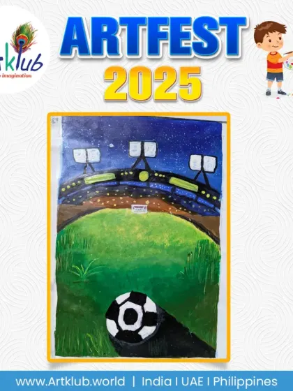 A dramatic view of a soccer ball on a field under stadium lights, by a senior artist.