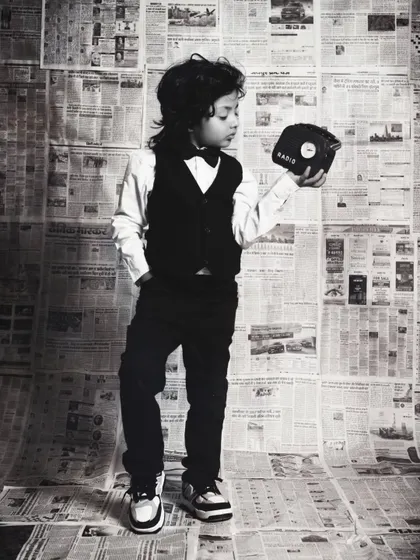 This little boy looks like he's from another era, holding a vintage radio in this classic black and white photo.