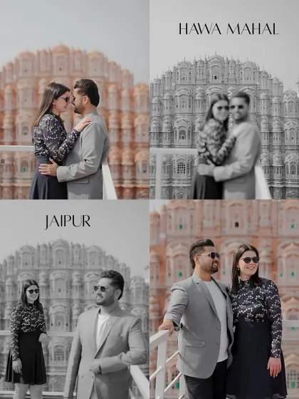 A collage showcasing a Hawa Mahal shoot, mixing color and black and white photos to highlight the architecture and the couple's stylish look.