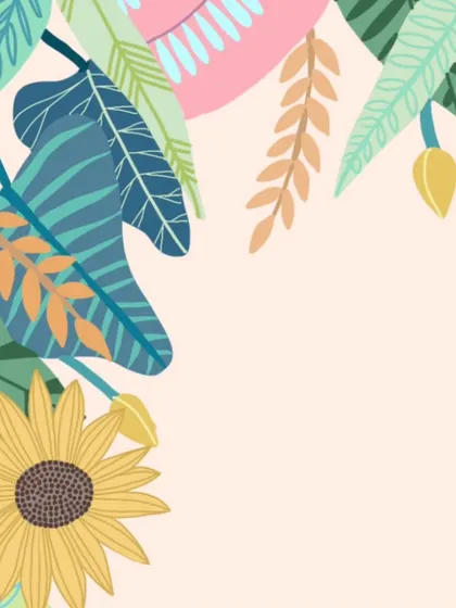 A close-up of the top-left corner of the sunflower invitation. This view showcases the variety of leaf shapes and the soft pink and orange tones used alongside the dominant greens and yellows, creating a balanced and colorful composition.