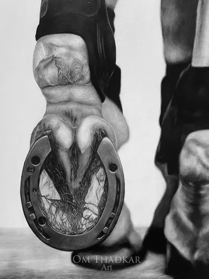 'Vigor', a detailed charcoal drawing focusing on a horse's hoof and horseshoe. This 2 by 3 foot piece on linen canvas explores the strength and structure of the animal from a unique perspective.