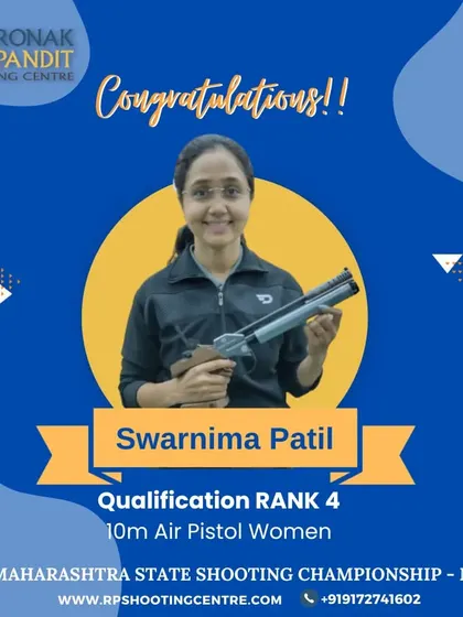 A strong performance by Swarnima Patil, securing Qualification Rank 4 in the 10m Air Pistol Women event at the 37th Maharashtra State Shooting Championship.