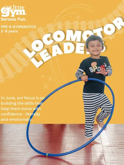 Part of our "Locomotor Leaders" series for Pre-K gymnasts. These images show children using hula hoops, balance beams, and crawling through tunnels to build skills like running, jumping, and skipping with confidence.