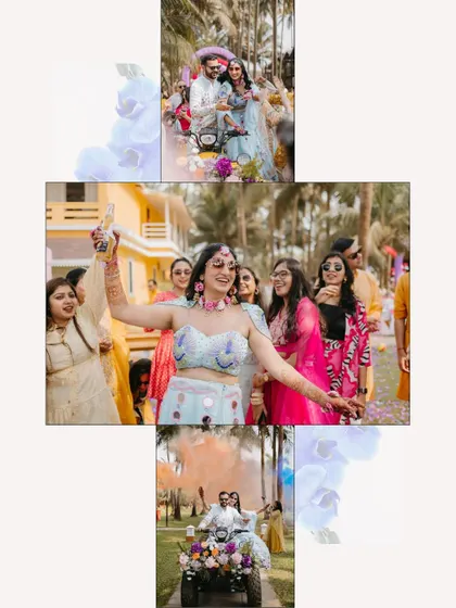 A creative collage of a Haldi celebration, showing the bride dancing and the couple making a grand entrance on a decorated vehicle.