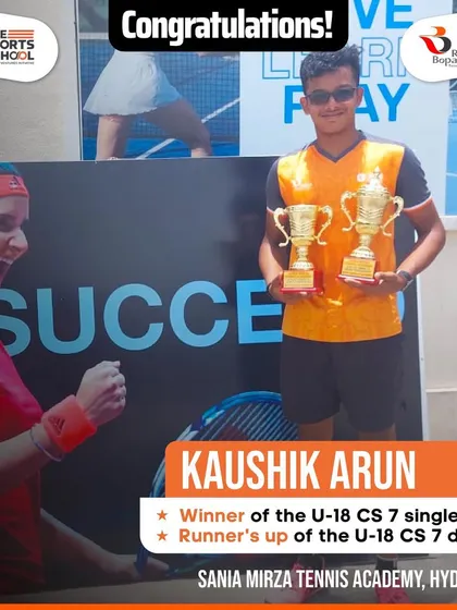 We cheer for Kaushik Arun as he clinches the U-18 CS 7 singles title and secures the runner-up position in doubles in Hyderabad. We are immensely proud of his triumph and performance.