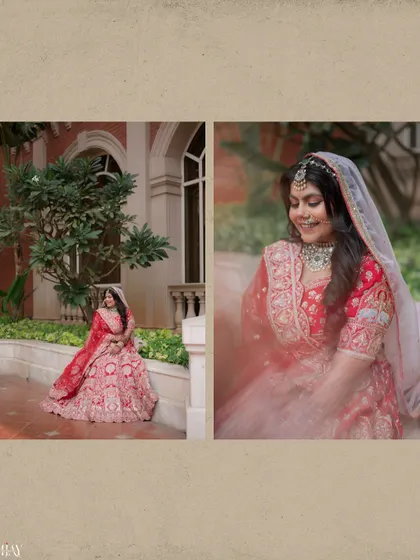 A diptych of the bride in her red lehenga, capturing both a seated portrait and a soft, close-up shot.
