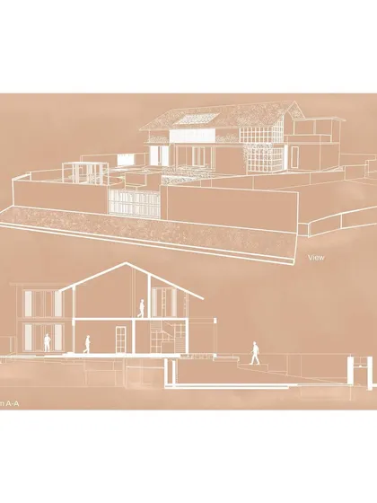 This drawing shows a view and a section of a proposed residence, illustrating the design intent to reuse the slope of the roof as a main element. It connects the past with the future, creating a house where memories can be collected.