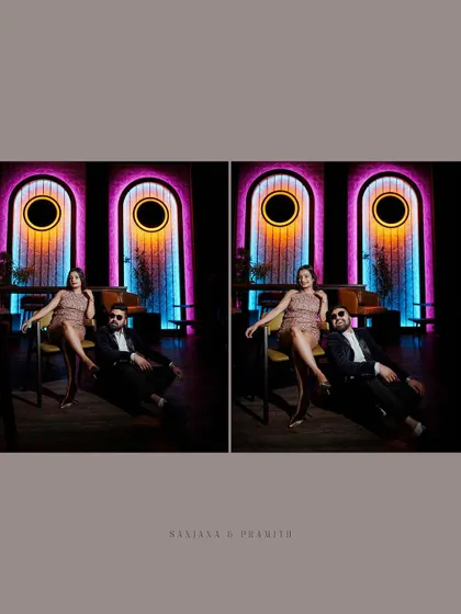A diptych of the couple looking cool and relaxed in a stylish bar setting, perfect for a cocktail party album.