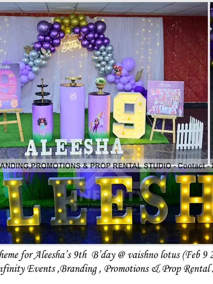 A magical lavender theme for a ninth birthday. The decor features a purple balloon arch, themed cylinder tables, and a light-up number "9", creating a royal and enchanting atmosphere.