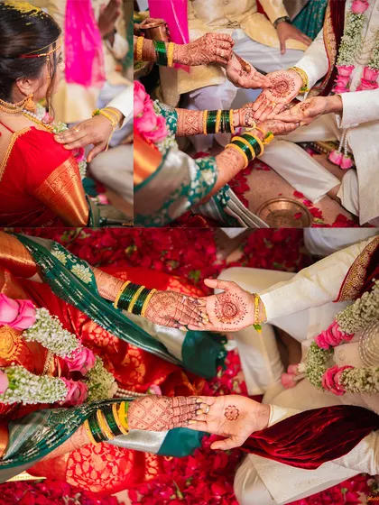 Close-up shots of the 'kanyadaan' and other hand-centric rituals, highlighting the intricate henna and the symbolic joining of the couple.