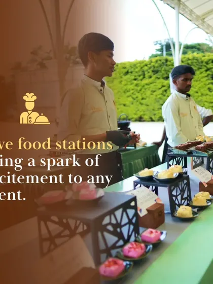 Live food stations bring a spark of excitement to any event. This image shows our dessert station, where guests can see a variety of treats being beautifully plated by our staff.