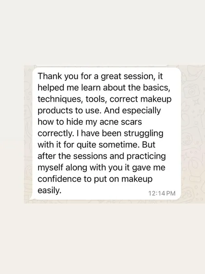 This student learned how to hide her acne scars correctly in my session. She now has the confidence to put on makeup easily.