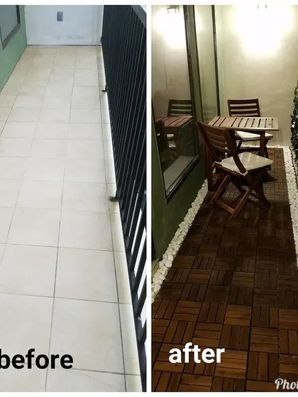 The power of a good plan. This before-and-after shot shows how I converted a narrow, unused balcony into a warm and inviting seating area. The transformation includes WPC deck flooring, soft lighting, and a border of white pebbles for a clean, finished look.