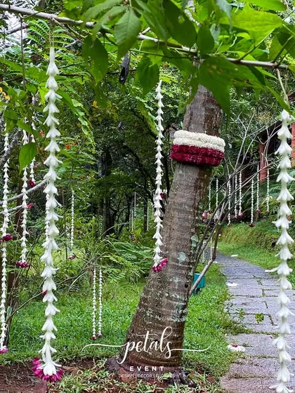 Another view of the beautiful hanging floral decorations in a natural setting.