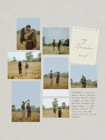 A "November mood" collage that captures the gentle, romantic feel of an autumn day. These shots from their field pre-wedding session are full of warmth and nostalgia.
