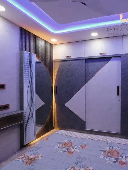 A full view of the bedroom, showing the interplay between the geometric wardrobe, the textured walls, and the ambient purple lighting for a cohesive, modern look.