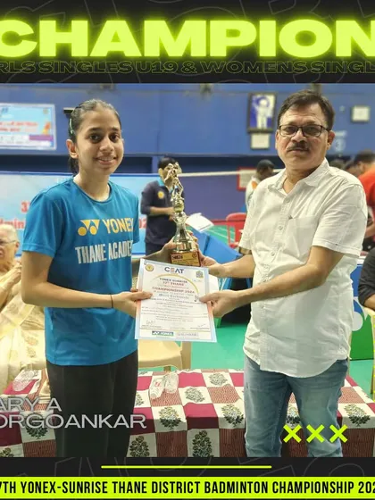 Aarya Korgaonkar, the champion in both Girls Singles U-19 and Women’s Singles at the Thane District Championship.