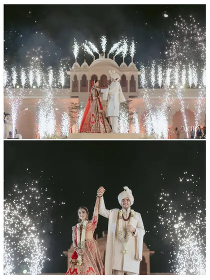 Two perspectives of a singular, magical moment. We frame the Varmala with fireworks from both a wide and a close angle to document the grandeur and the personal connection.