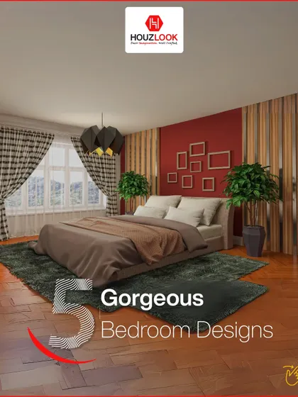 This image introduces a collection of five gorgeous bedroom designs. The room shown features a bold red accent wall and dramatic pendant lighting, hinting at the variety of styles we offer.