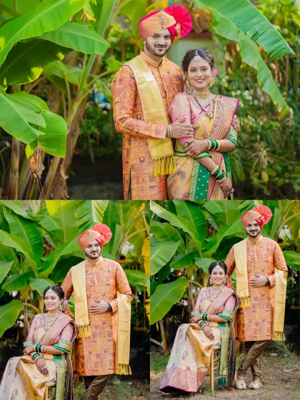 A set of classic portraits of the couple in their traditional Maharashtrian wedding attire, posed against a backdrop of tropical foliage.