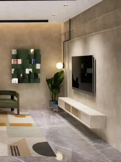 This living room concept explores a minimalist beige color scheme, creating a serene and sophisticated base. We complemented this neutral palette with a few maximalist pieces, like the sculptural green bookshelf and curved sofa, to reflect the client's unique personality.