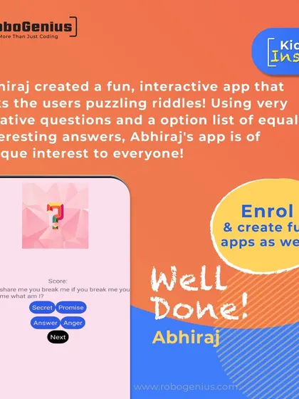 This screenshot from Abhiraj's app shows a riddle with multiple-choice answers. This project required him to learn about variables for scoring, conditional logic for answers, and user input.