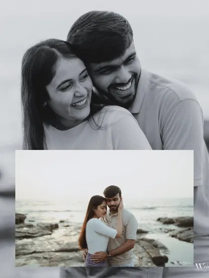 A diptych of happy and intimate moments. The top frame captures a joyful, laughing embrace, while the bottom shows a quieter, more tender connection.
