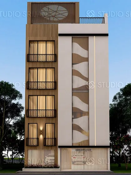 A sleek and modern facade design for a 200 sq. yard plot in Kirti Nagar, combining wood-look slats with a smooth white finish and an interesting wave-like pattern for a unique visual texture.