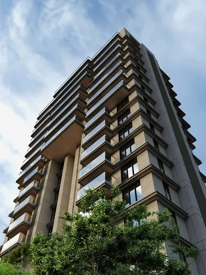 An upward angle of the Pali Mala Road residence, highlighting its clean horizontal and vertical lines. The design's minimalist aesthetic is complemented by open decks and balconies that offer mesmerizing cityscapes.