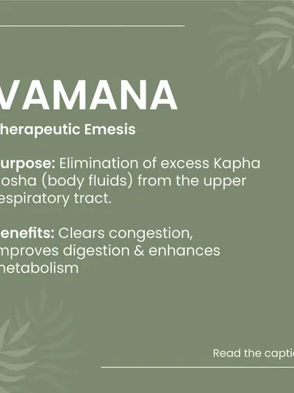 A summary of Vamana therapy. Its primary purpose is to eliminate excess Kapha dosha from the upper respiratory tract. The key benefits include clearing congestion, improving digestion, and enhancing overall metabolism for a lighter, healthier feeling.