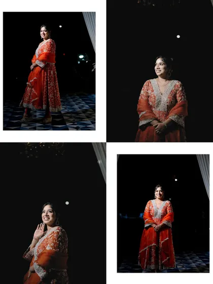 A collage of the bride in her vibrant orange engagement outfit, captured in dramatic, low-key lighting.