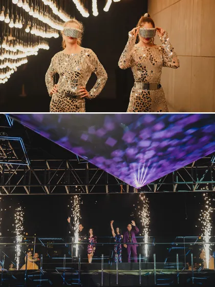 Futuristic performers and a grand stage moment with pyrotechnics for the couples. The entertainment was seamlessly integrated into the celestial theme of the night.