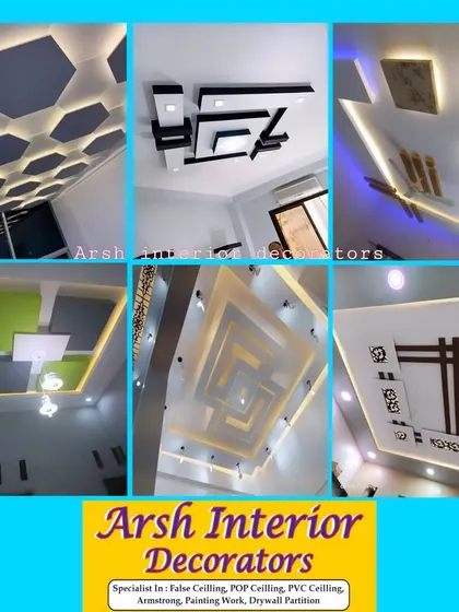 This collage showcases the sheer variety of false ceiling designs I can execute, including hexagonal patterns, layered geometric shapes, and minimalist styles with integrated lighting.