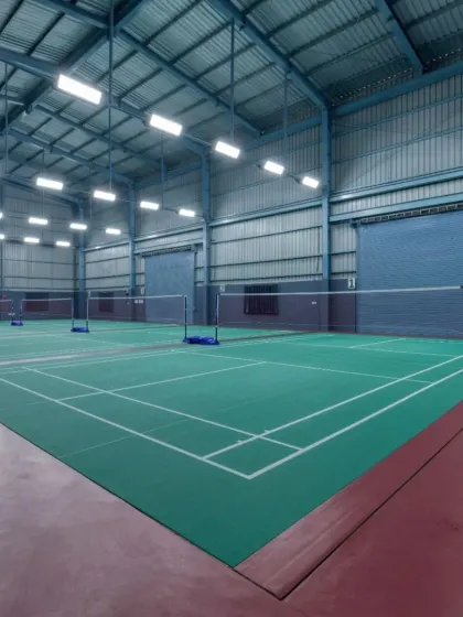 This is the GOAT Club in Bangalore, a professional badminton facility. I designed this 7,650 sq. ft. space with four courts built to BWF standards, featuring anti-glare lighting and sprung wooden flooring. It shows how sustainable and functional design principles can be applied to diverse projects, including sports architecture.