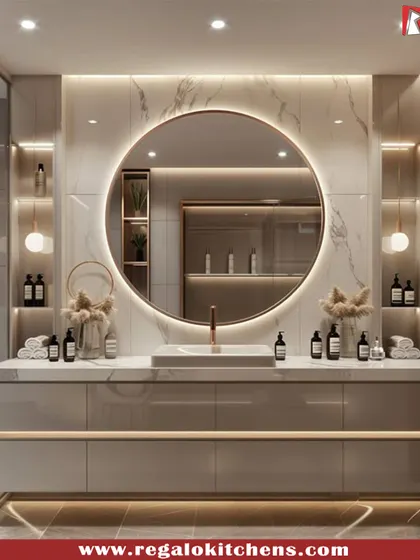 Our design philosophy extends to every room. This bathroom vanity combines luxurious marble, integrated lighting around a circular mirror, and ample storage to create a serene and highly functional personal space.