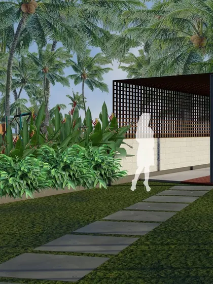 A pathway of stone pavers leads to a shaded pavilion within the event venue. The space is defined by a low wall and a backdrop of lush greenery, creating a simple yet elegant setting.